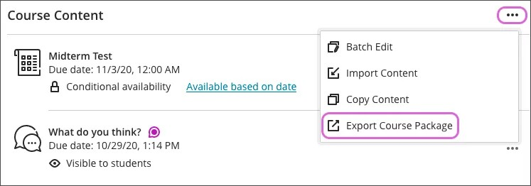 screenhot showing export course package option in three dot menu