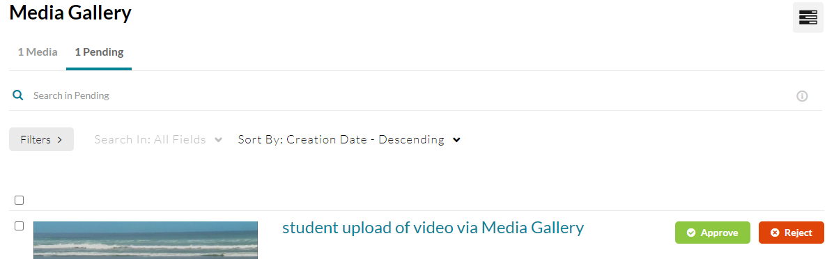 Screenshot of the Media Gallery showing 1 pending with an option to Approve or Reject a student contribution