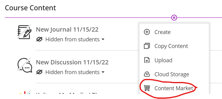 screenshot of accessing Content Market via the plus sign
