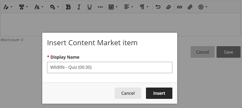 Screenshot of the Insert Content Market Item pop-up 
