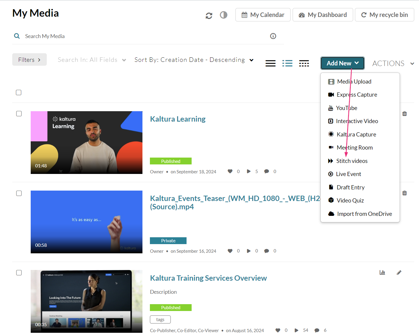 screenshot of the stitching option in the add new drop down menu