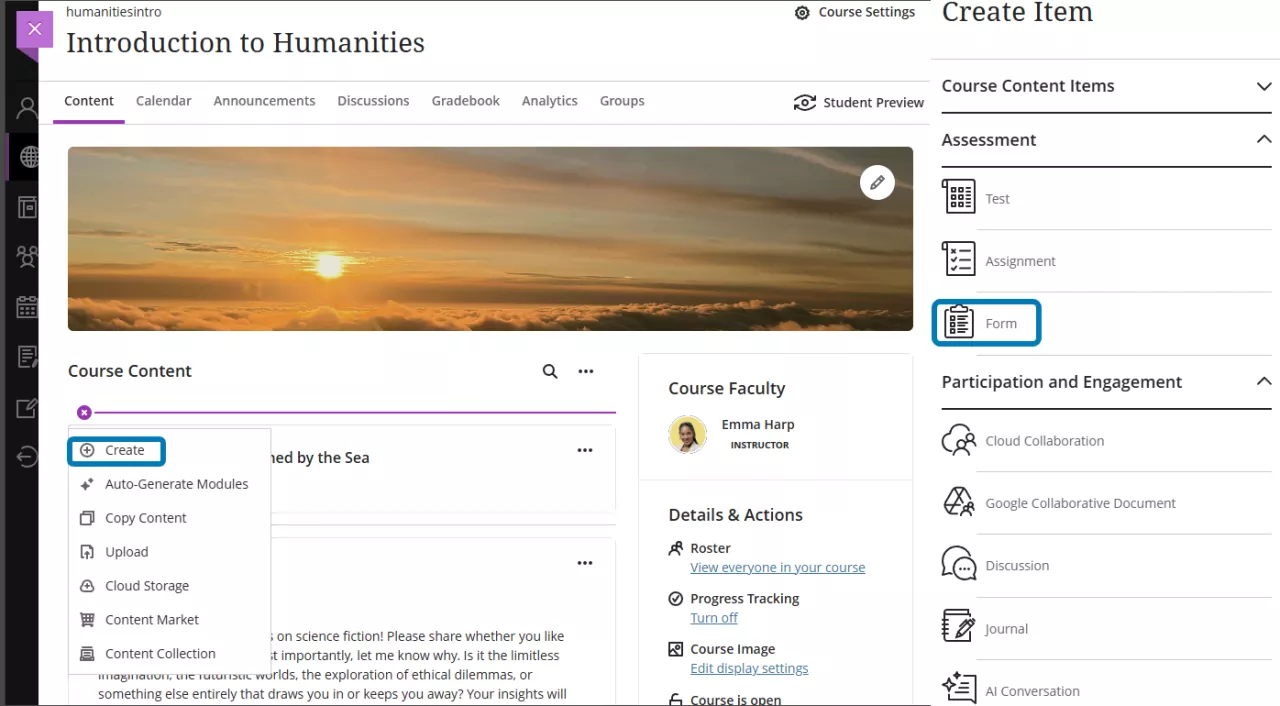 screenshot of accessing Forms via Create