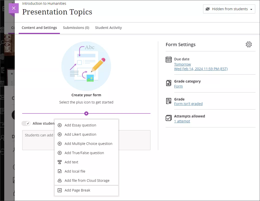 screenshot of adding questions to a survey