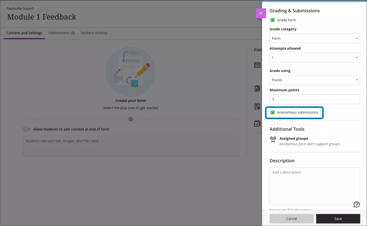 screenshot showing the Anonymous submissions options in the settings