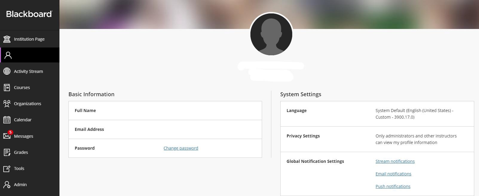 screenshot of the Blackboard profile page