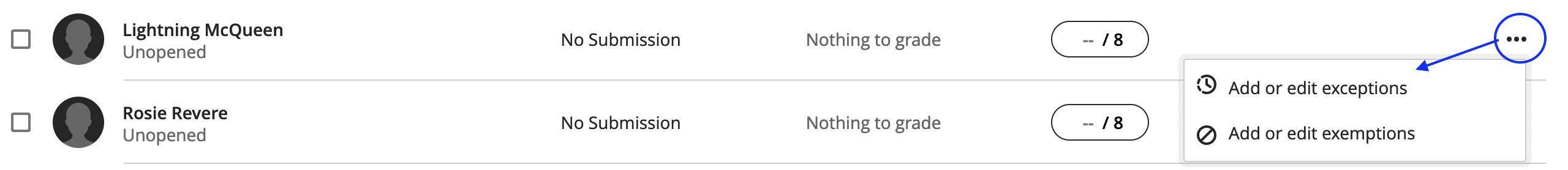 add or edit exceptions and exemptions from list view