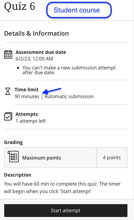 screenshot of the details of a quiz with 90 minutes showing for the time limit for a student