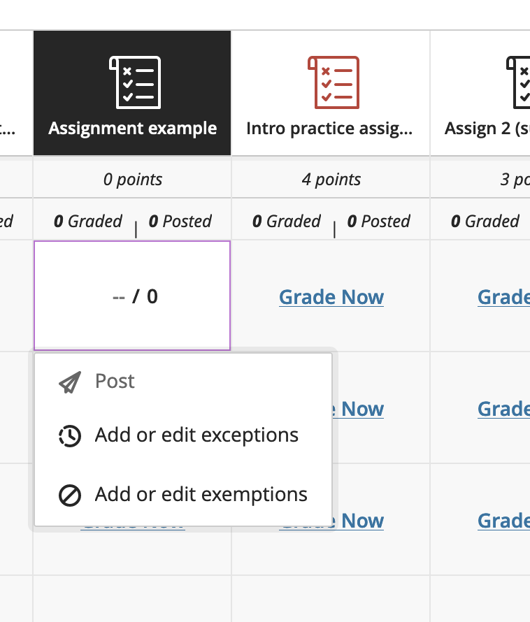 add or edit exemptions or exceptions from grid view