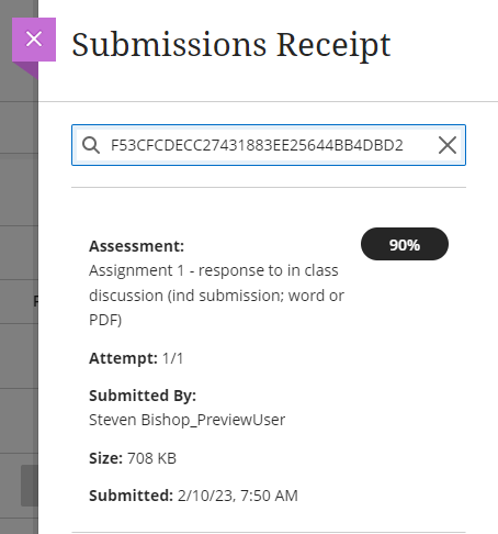 Screenshot of the the submission receipt search panel