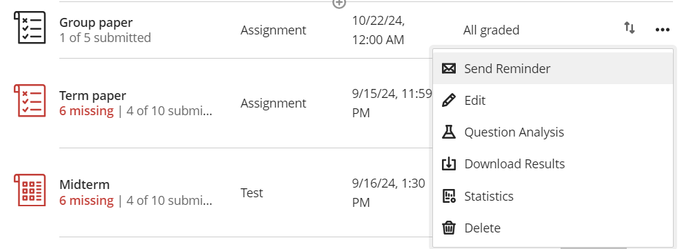 Screenshot of gradable items view showing access to the assessment options via the three dots on the right side of the assessment row