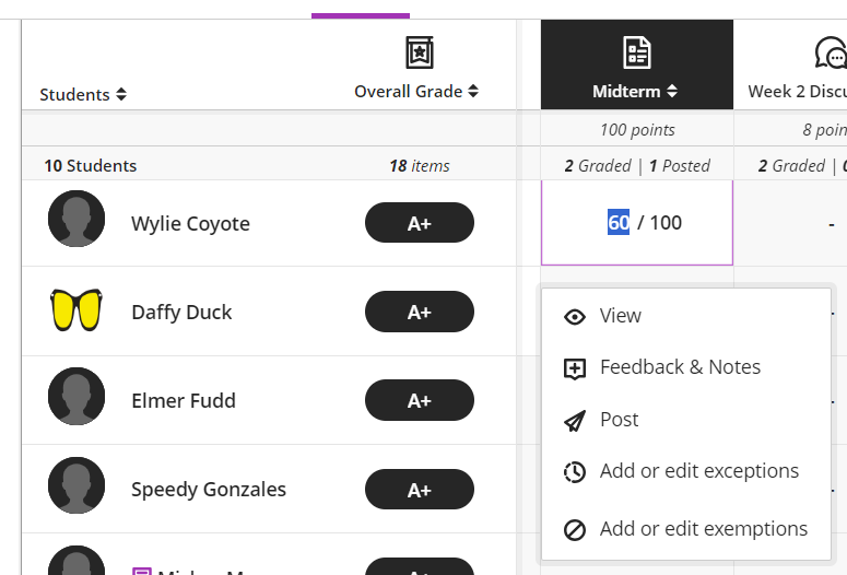 screenshot of submission options from Grades view by clicking on the cell that corresponds to the student's assessment