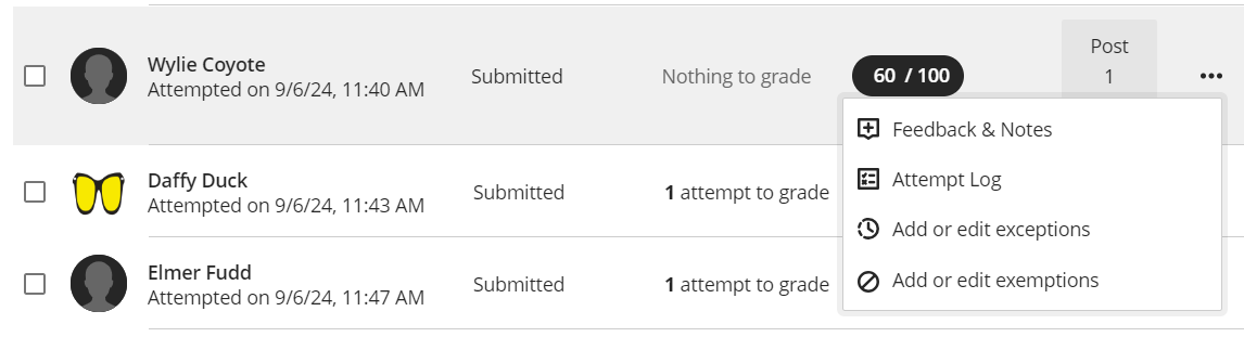 Screenshot of submission optoins from the gradable items view
