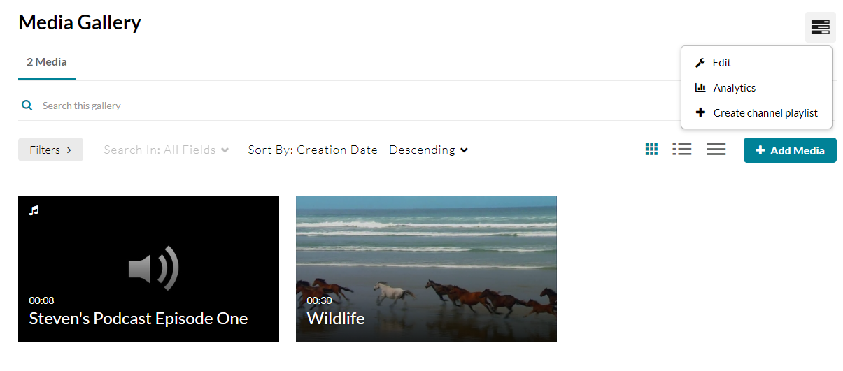 Screenshot of the Media Gallery with an option to create a channel playlist from the menu icon on the top right