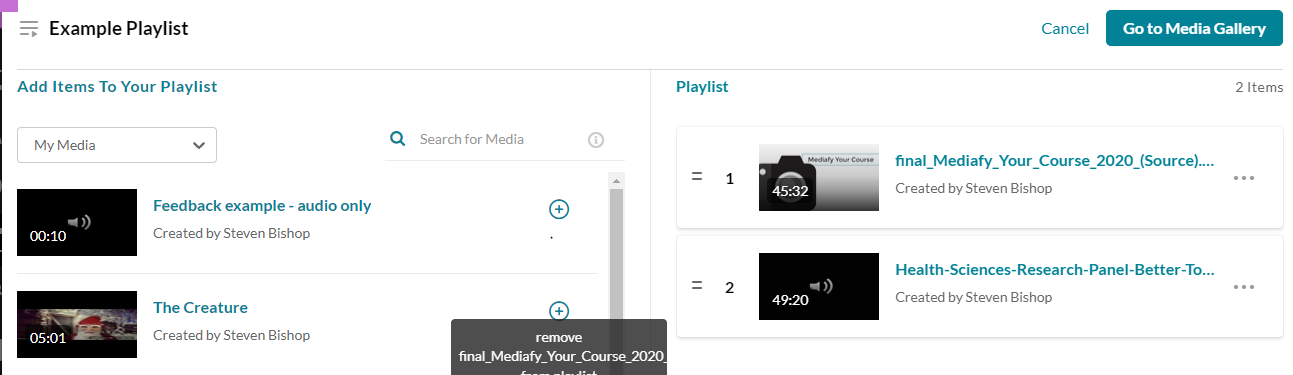 Screenshot of an example playlist with an option to click on the plus sign to add media