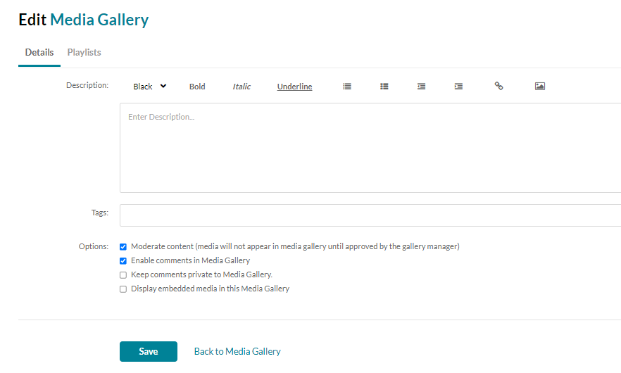 Screenshot of the Edit Media Gallery area