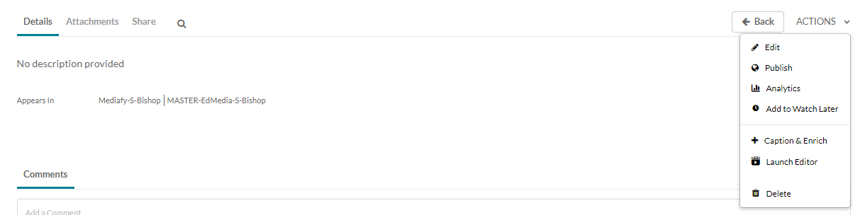 Screenshot of the actions menu