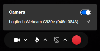Screenshot of the tool bar. The video, microphone and camera icon have additional menus to select specific devices. 