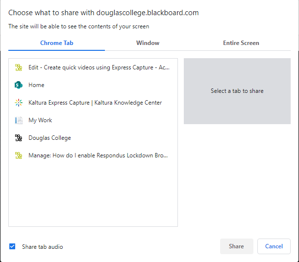 screenshot of screen sharing optoins - tab, window, or entire screen