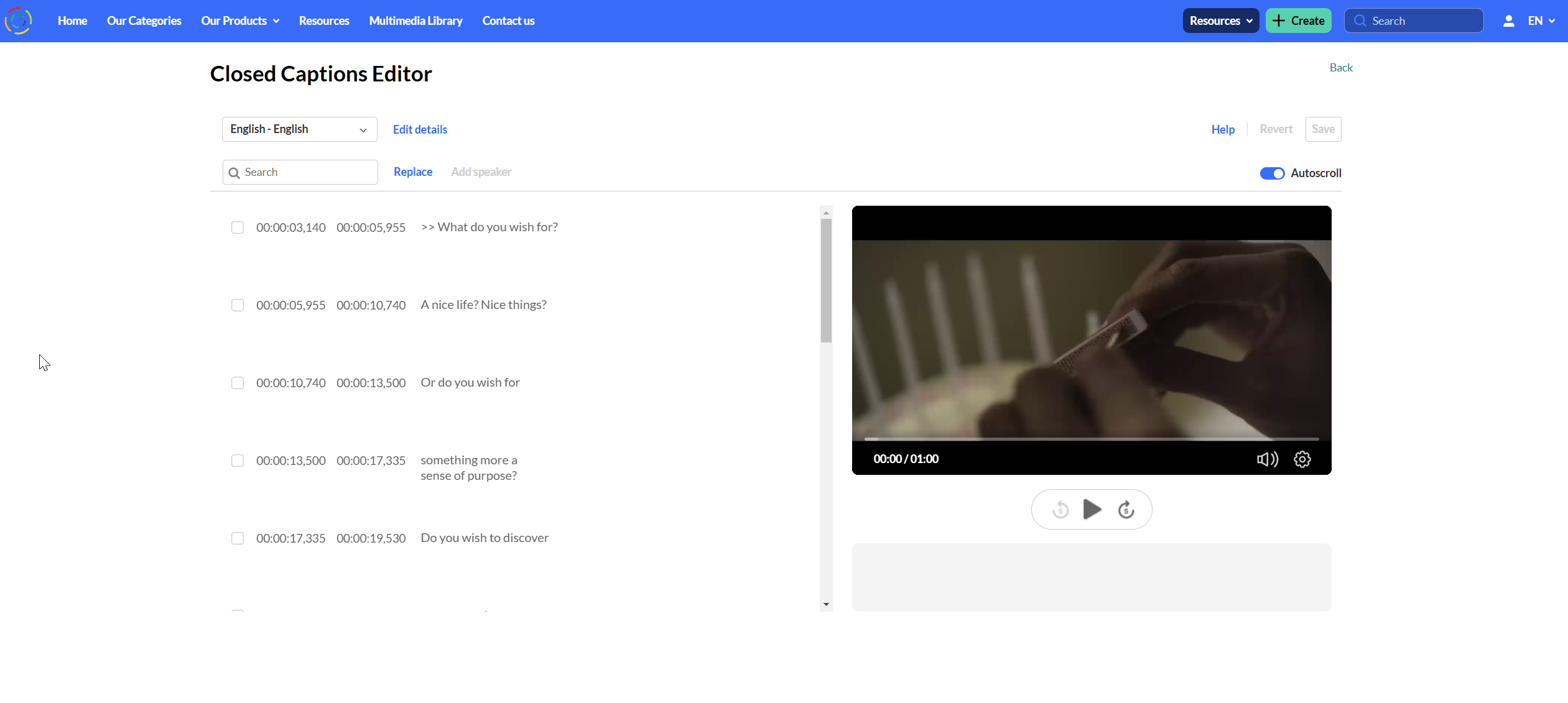 closed captions editor along side the video with timings