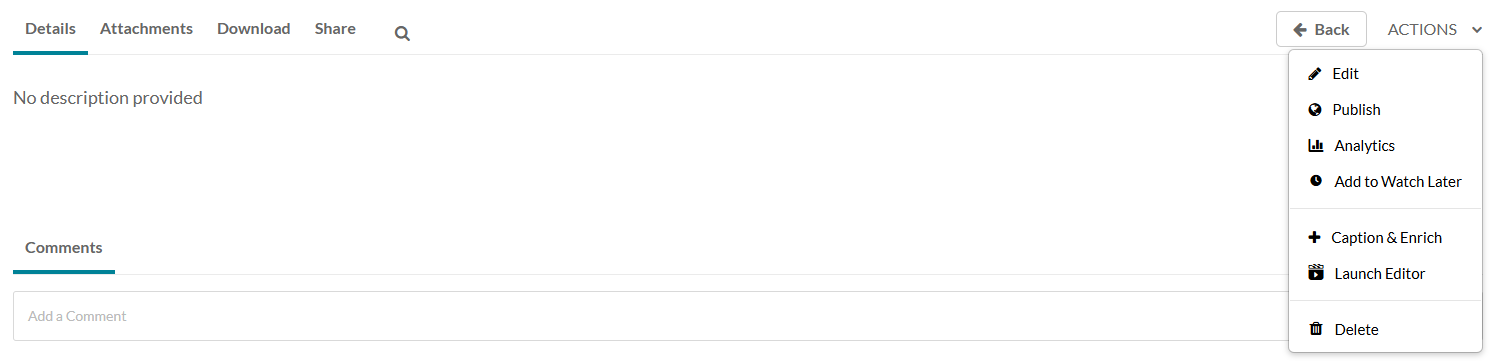 Actions menu showing the Caption and Enrich option