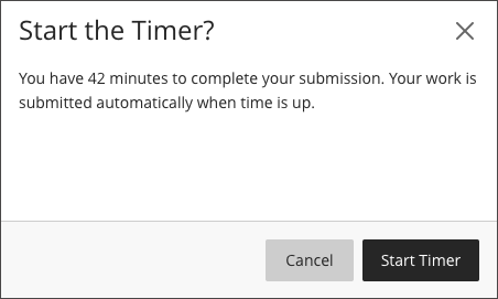 Pop-up noting how much time the student has for their test. They can choose to Cancel or Start Timer. 