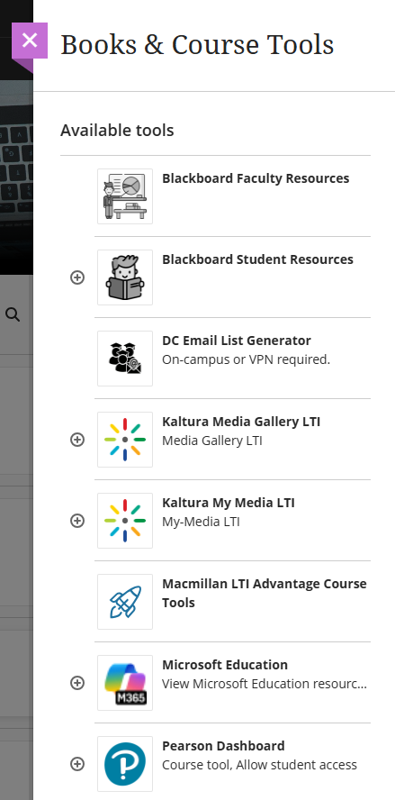 Books and course tools menu where you can access various tools