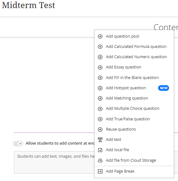 screenshot showing the ability to add a question pool to a test