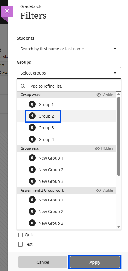 Group filter feature in the Gradebook 