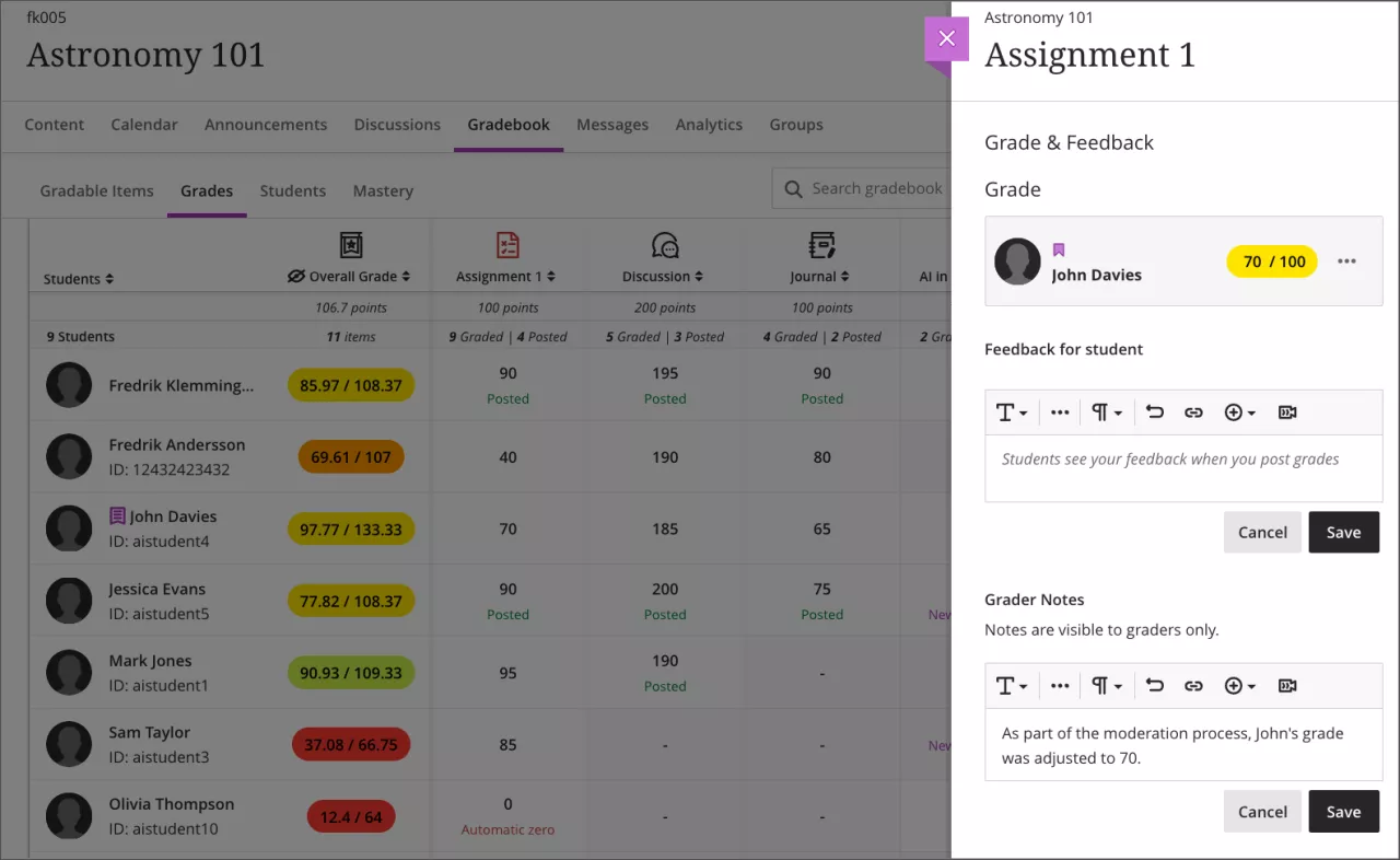 screenshot showing grader notes