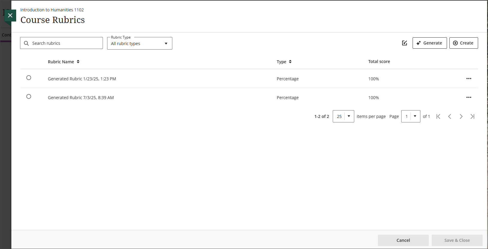 Rubrics management page with list of rubrics and options to create, edit, import, export and delete rubrics. 
