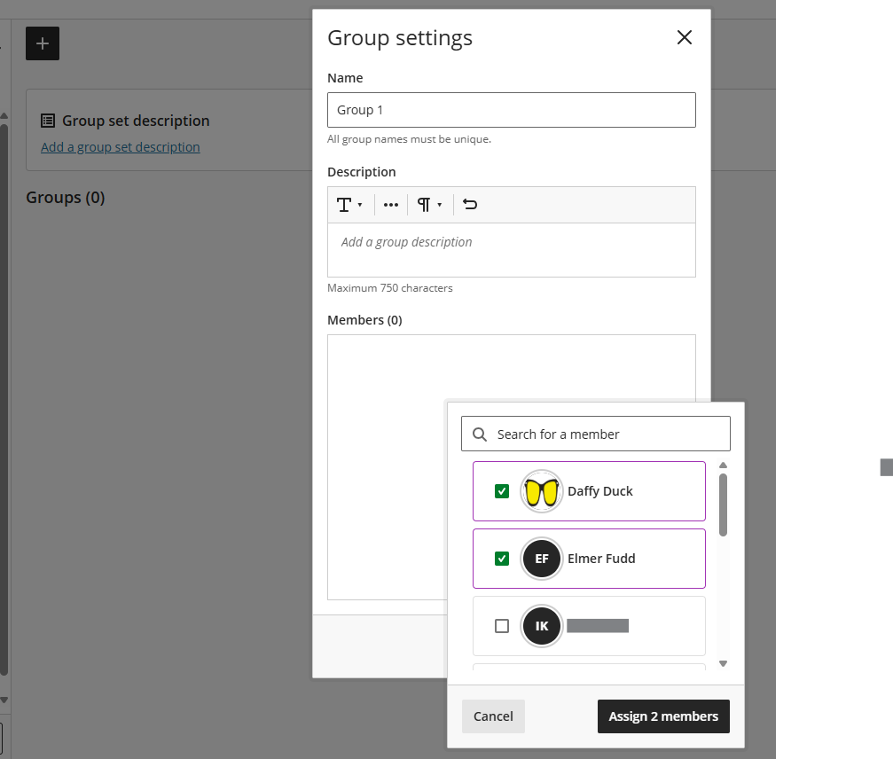 screenshot of group settings with option to add name, description and members