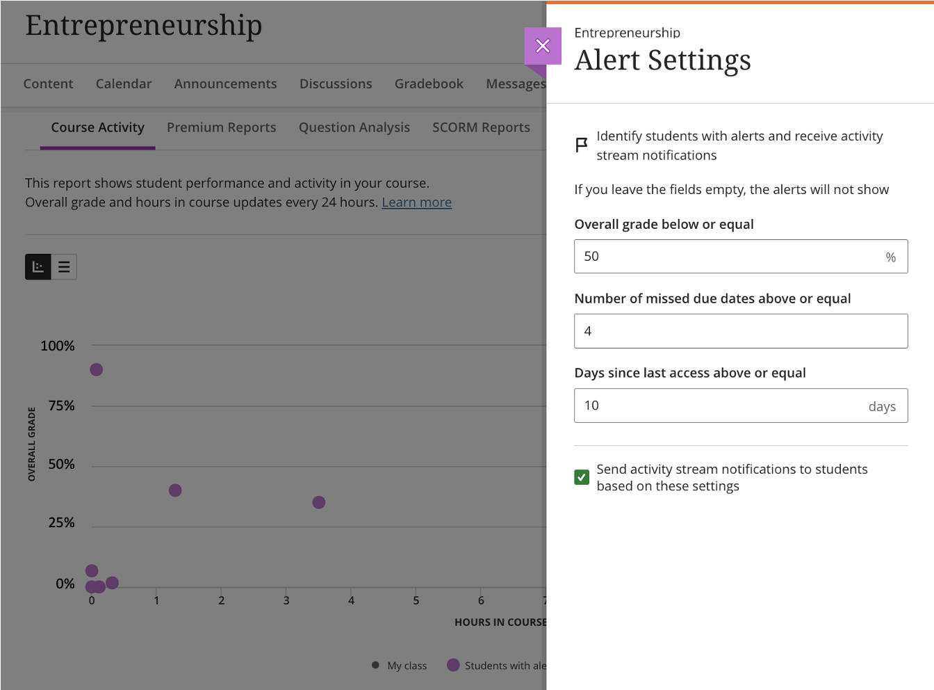 screenshot showing alert settings