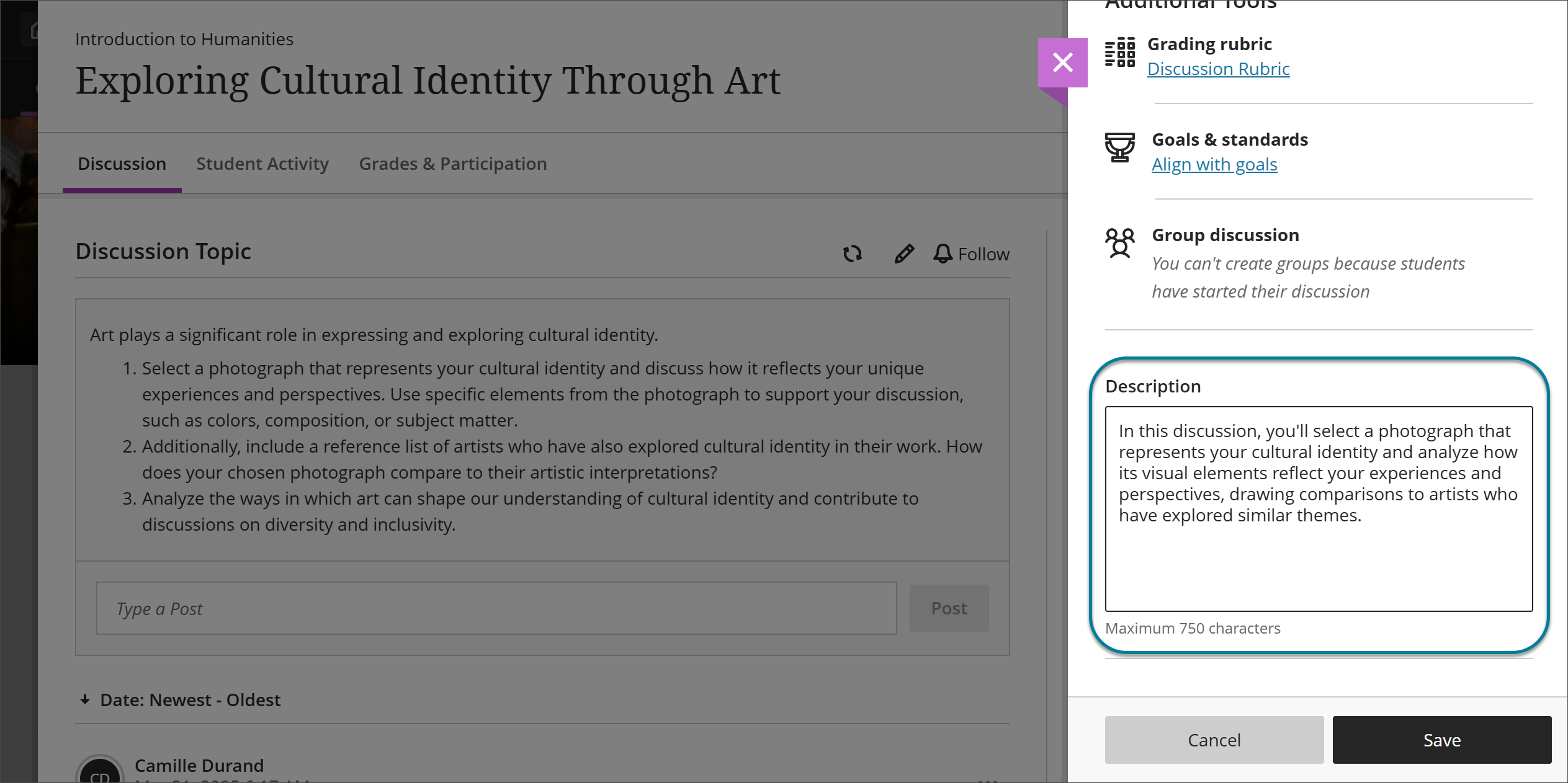 screenshot showing discussion settings with a textbook to enter a description