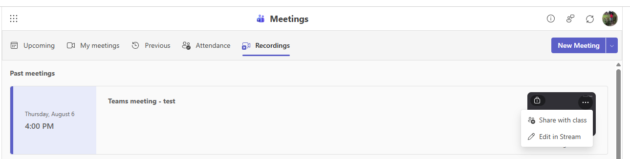 Recordings tab with option on right to share with class via the three dots on the recording thumbnail