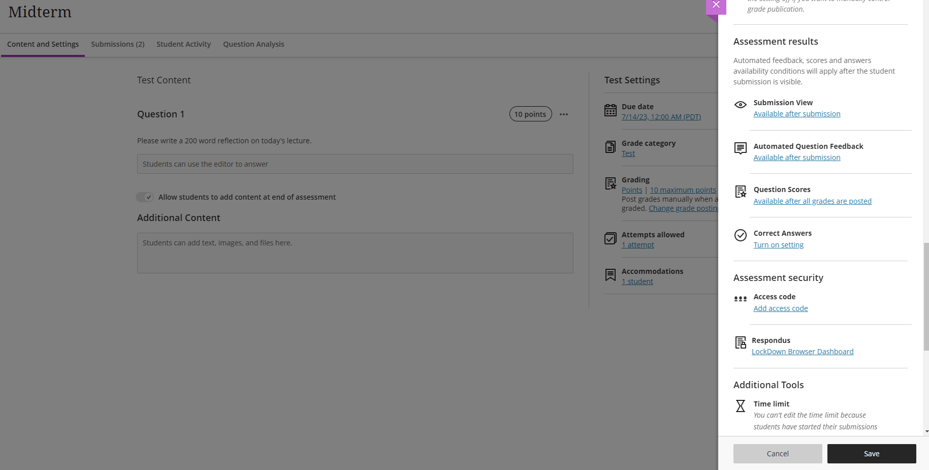screenshot of assessment results in gradebook settings