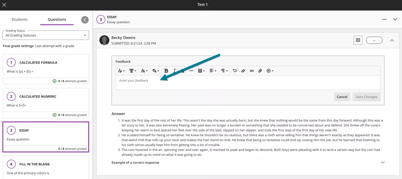 screenshot of the grading platform showing per question feedback