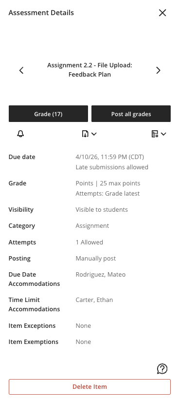 Assessment details open up in a side panel with the ability to move between assessments