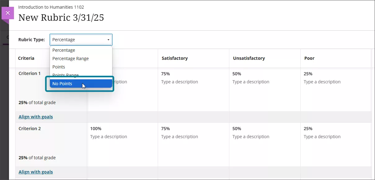 option to choose no points rubric from the rubric type drop down menu