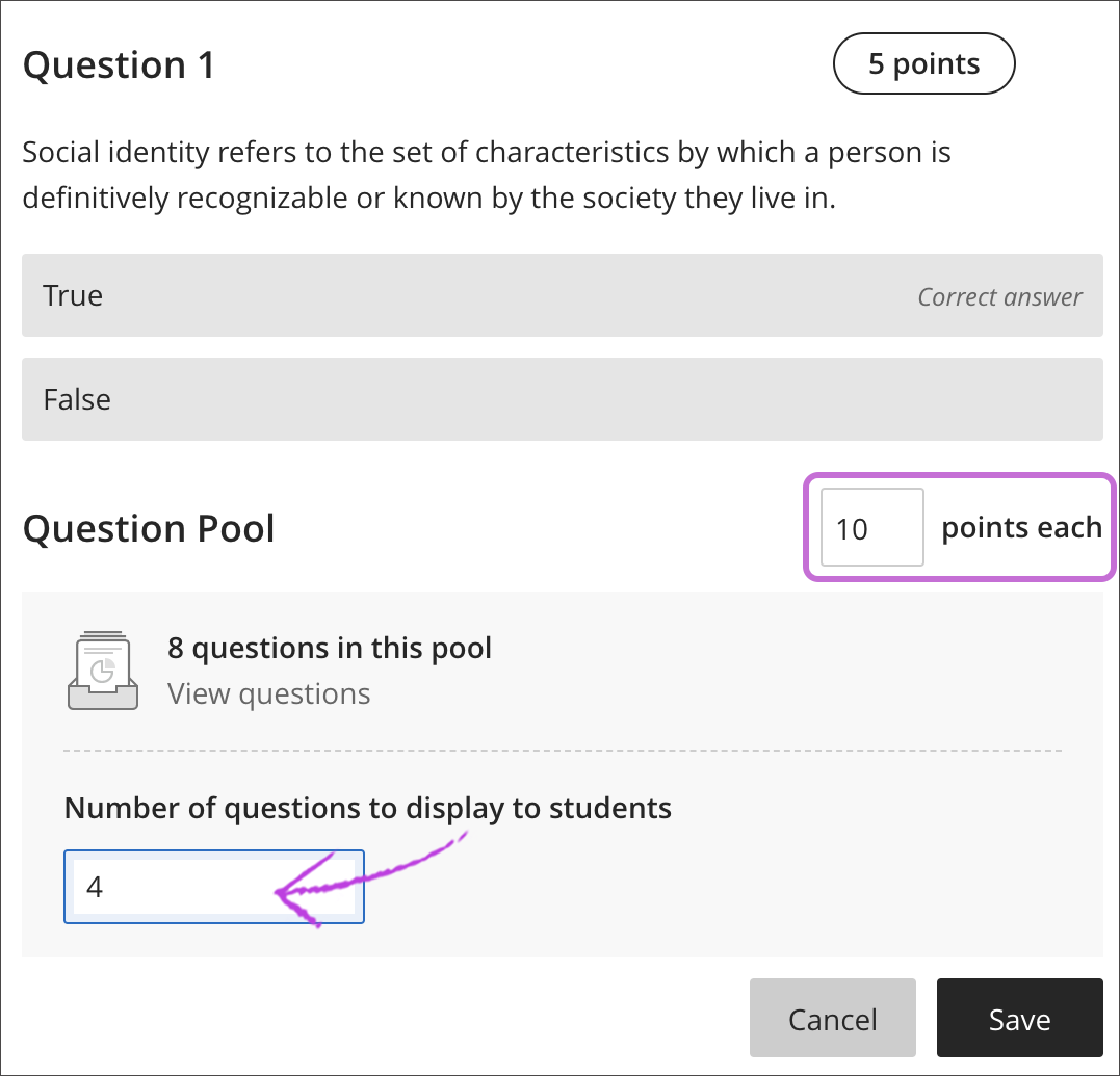 screenshot shoing the ability to change the points value for each question in the poll and how many questions is displayed to each student