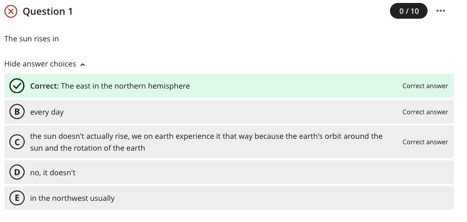 Student view with one out of three correct answers selected. The student receives zero points for the question. 