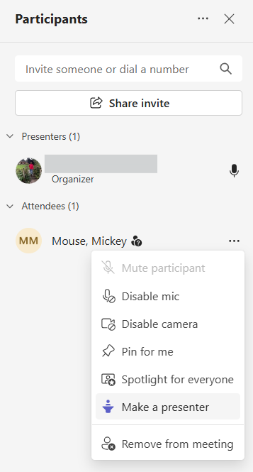 clicking in Participants, navigating to a participants, clicking three dots, and select 'Make a presenter'