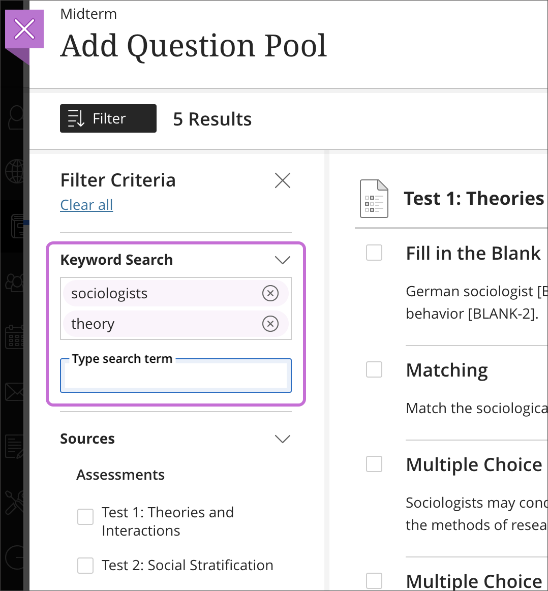 on the 'add question pool' panel, you can search for questions by keyword on the left