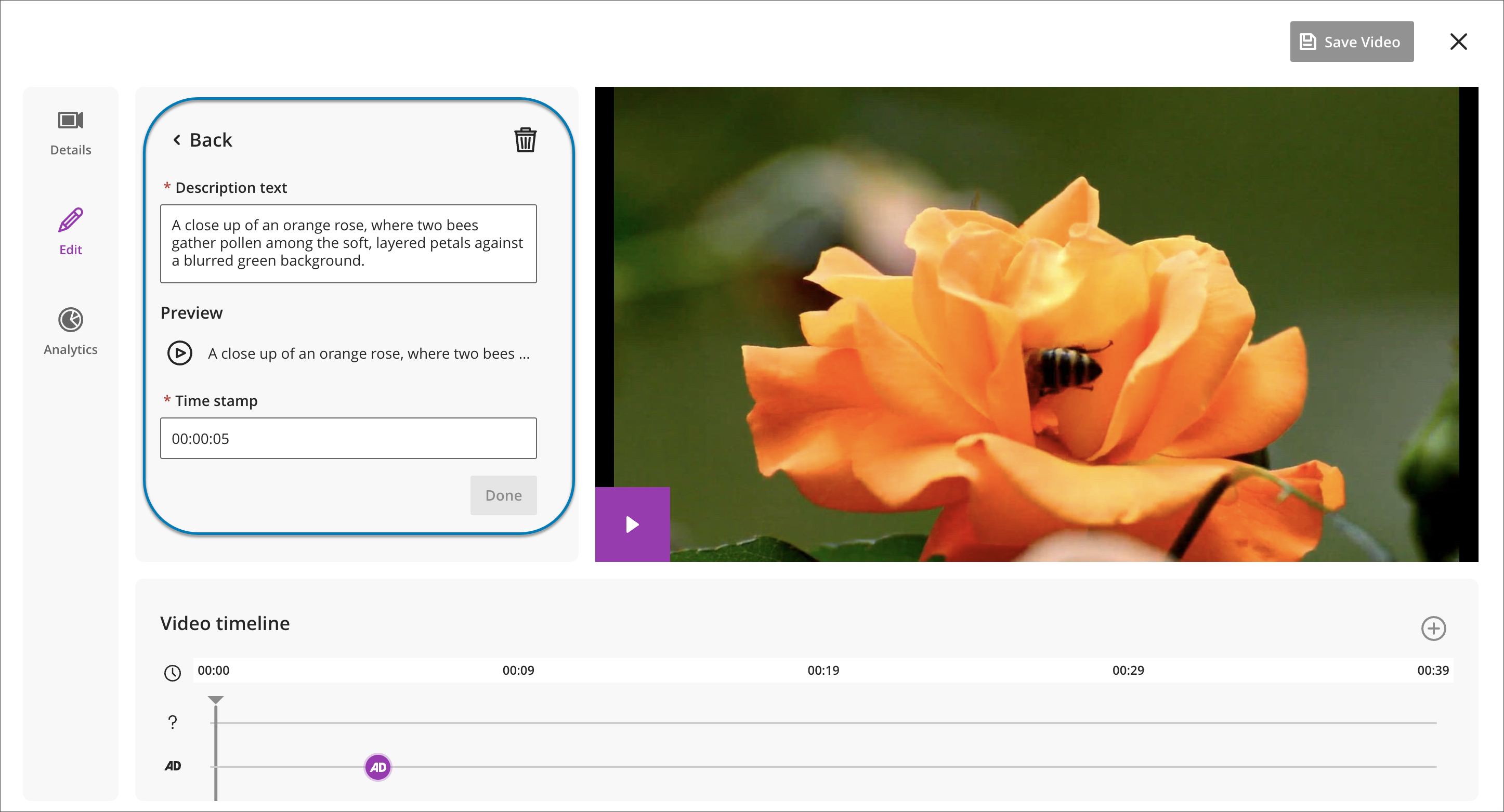 Video Studio interface highlighting the option to add, preview, and manage audio descriptions alongside the video timeline.