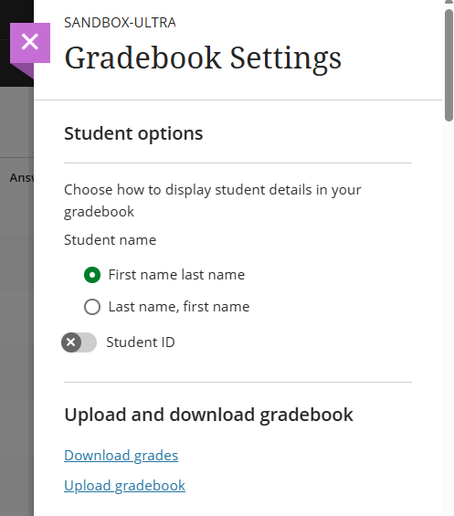 Gradebook settings with option to download grades