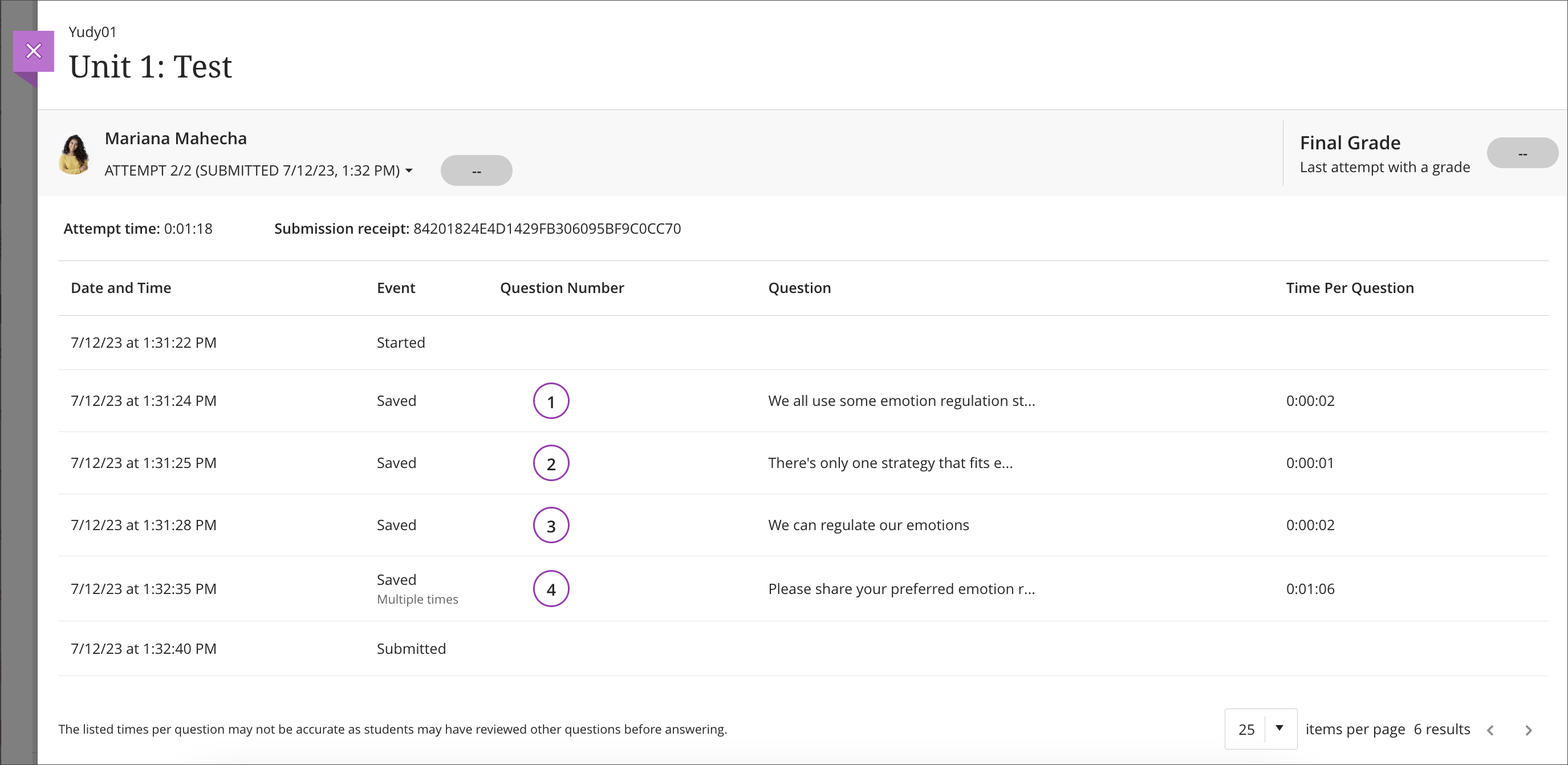 screenshot of attempt log with attempt date and time, event, question number, question text, and time spent per question