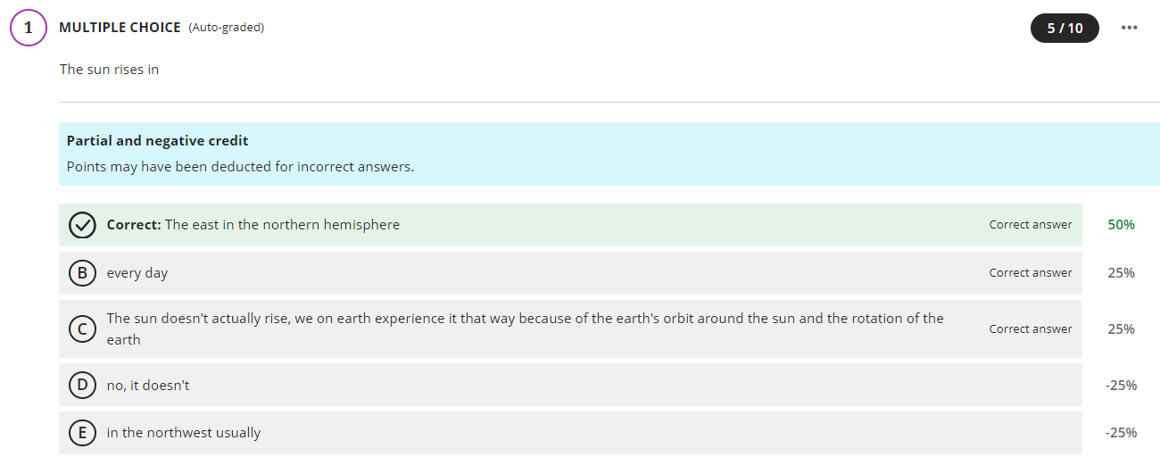 Student view with one answer - worth 50 percent - correct  and no incorrect answers selected. The total score is 5 out of 10. 