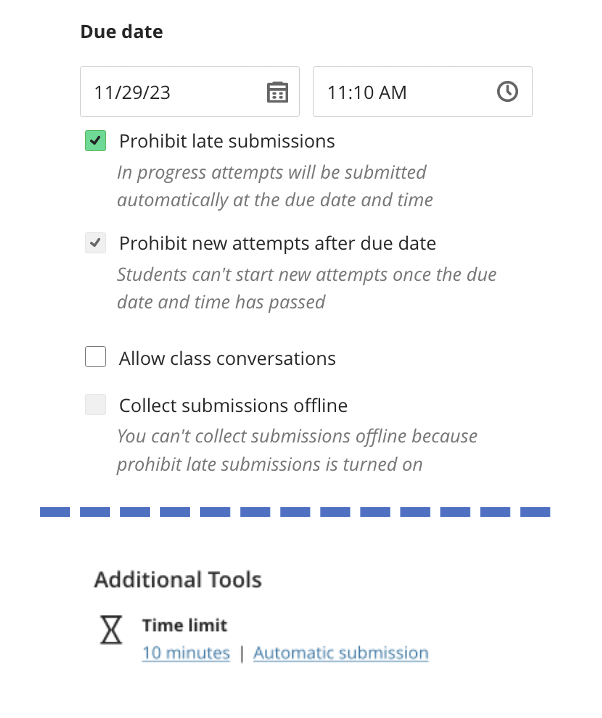 screenshot of test settings showing option to prohibit late submissions