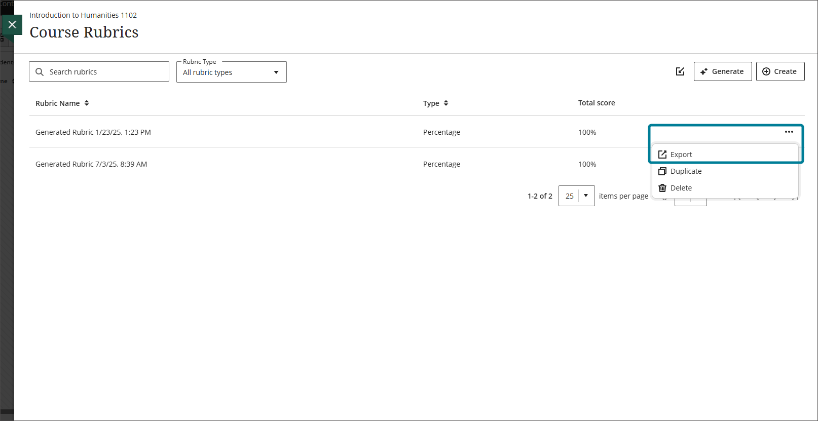 Course rubrics management page. Clicking on the three dots for a rubric gives you the option to export the rubric. The import button is on the top right. 