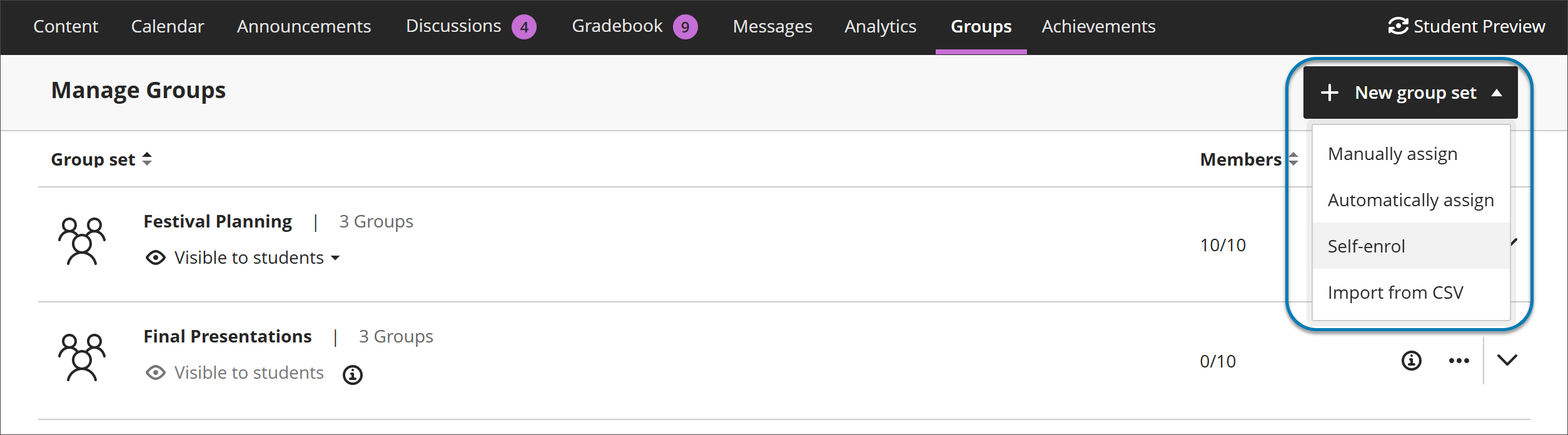 screenshot showing different group choices