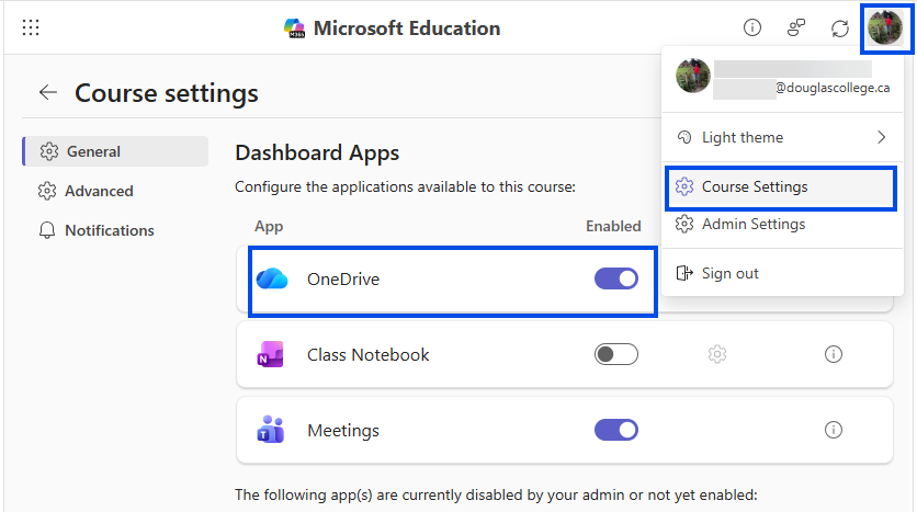 toggle on onedrive via course settings in microsoft education